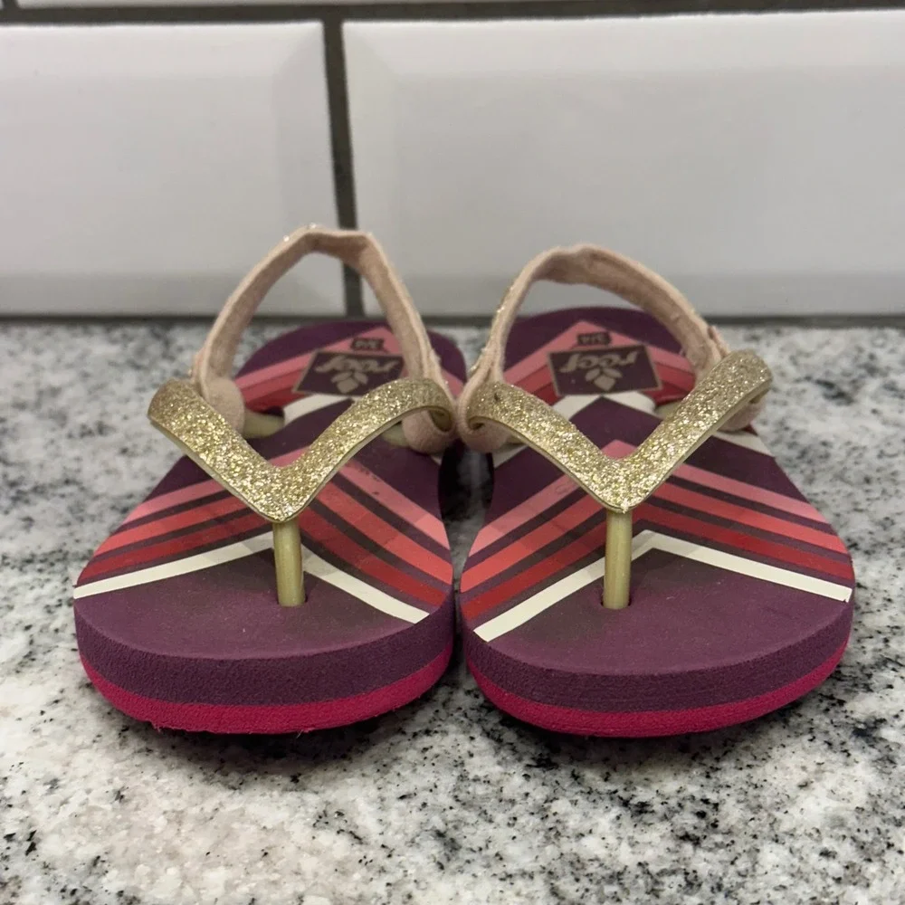 Reef Toddler 3/4 Ahi Flip Flop Purple Gold Glitter Chevron Backstrap Beachwear